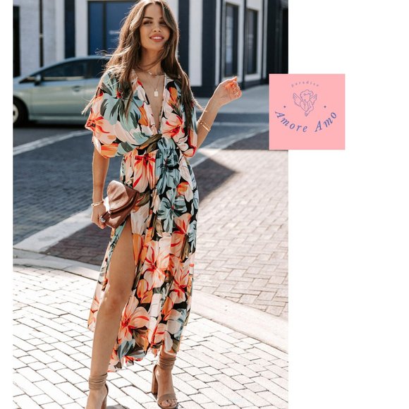 Amore Amo Dresses & Skirts - Kim K Dress 🌸 Kimono Bohemian Maxi Tunic Leg Slit Orange Pattern Dress